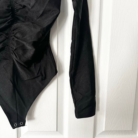Good American Black Sheen Luster Mock Neck Ruched Front Bodysuit 1 Small GB0436 - Picture 5 of 8
